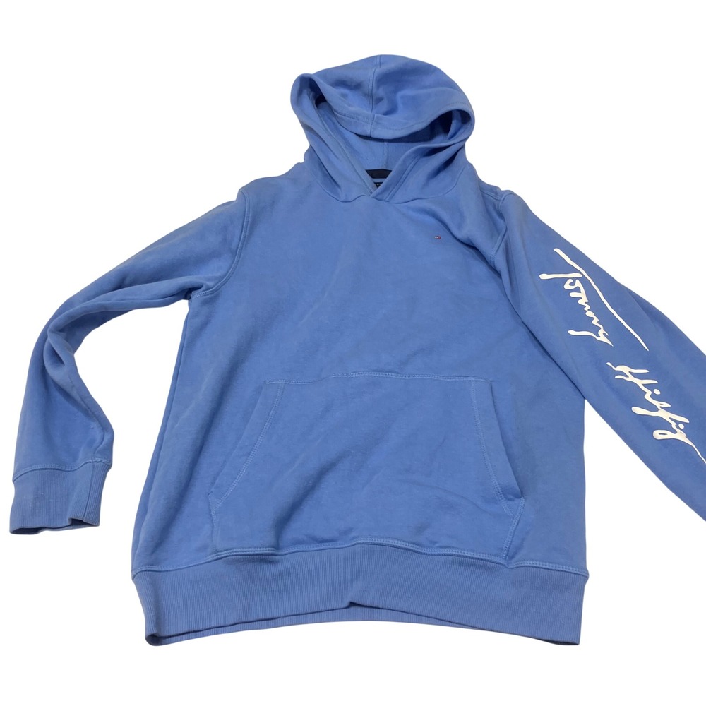 Tommy Hilfiger Boys L or XL Blue Signature Script Sleeve Logo‎ Fleece Hoodie